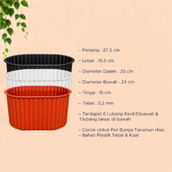 BUDI JAYA PLASTIK POT REGGAE OVAL 15 BJP Tanaman Tumbuhan Hias Bunga Panjang Oval 27,5 cm Hitam Putih Merah Bata - Gambar 4