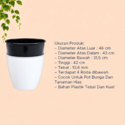 POT GUCIKU 46 BUDI JAYA PLASTIK Bunga Tanaman Tumbuhan Plastik BJP Model Keramik Polos Glossy Tebal Kuat + Roda Bawah Aesthetic Estetik Minimalis Diamete 46 cm Putih Hitam - Gambar 4