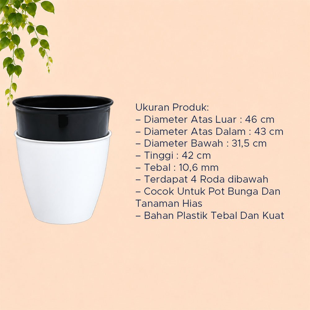 POT GUCIKU 46 BUDI JAYA PLASTIK Bunga Tanaman Tumbuhan Plastik BJP Model Keramik Polos Glossy Tebal Kuat + Roda Bawah Aesthetic Estetik Minimalis Diamete 46 cm Putih Hitam - Gambar 4