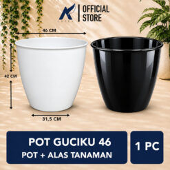 POT GUCIKU 46 BUDI JAYA PLASTIK Bunga Tanaman Tumbuhan Plastik BJP Model Keramik Polos Glossy Tebal Kuat + Roda Bawah Aesthetic Estetik Minimalis Diamete 46 cm Putih Hitam