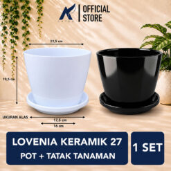 LOVENIA KERAMIK 27 Pot + Tatak Tanaman Alas Plastik Tumbuhan Bak Mandi Hias Bunga Daun Putih Diameter Atas 22.5 cm Centi meter