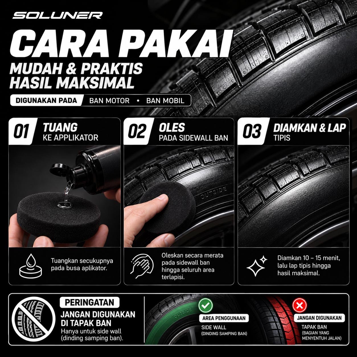 SOLUNER Tire Armor Semir Ban Untuk Semua Ban Motor Mobil Pengkilap Black Kinclong Hydrophobic Tahan Lama Busa Poles Bulat Anti Lengket - Gambar 3