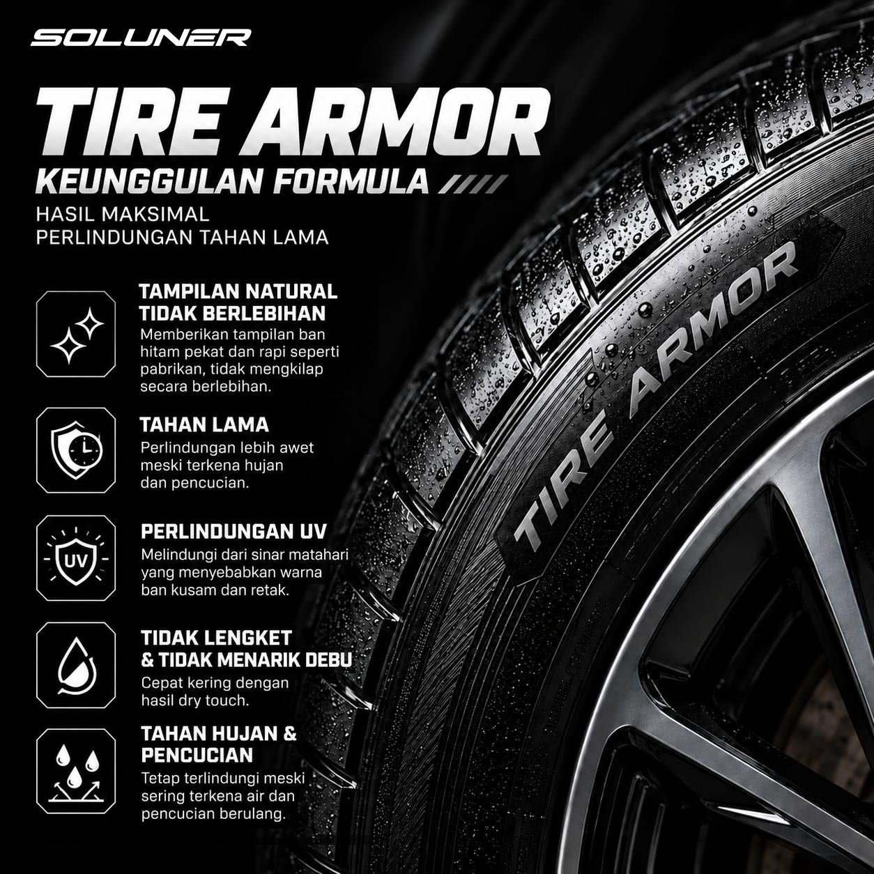 SOLUNER Tire Armor Semir Ban Untuk Semua Ban Motor Mobil Pengkilap Black Kinclong Hydrophobic Tahan Lama Busa Poles Bulat Anti Lengket - Gambar 4