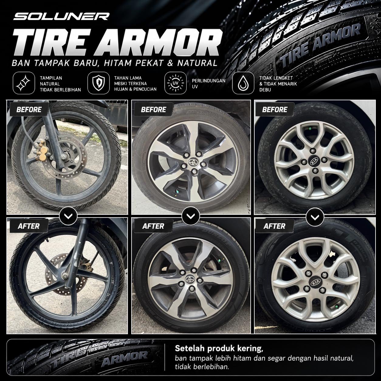SOLUNER Tire Armor Semir Ban Untuk Semua Ban Motor Mobil Pengkilap Black Kinclong Hydrophobic Tahan Lama Busa Poles Bulat Anti Lengket - Gambar 5