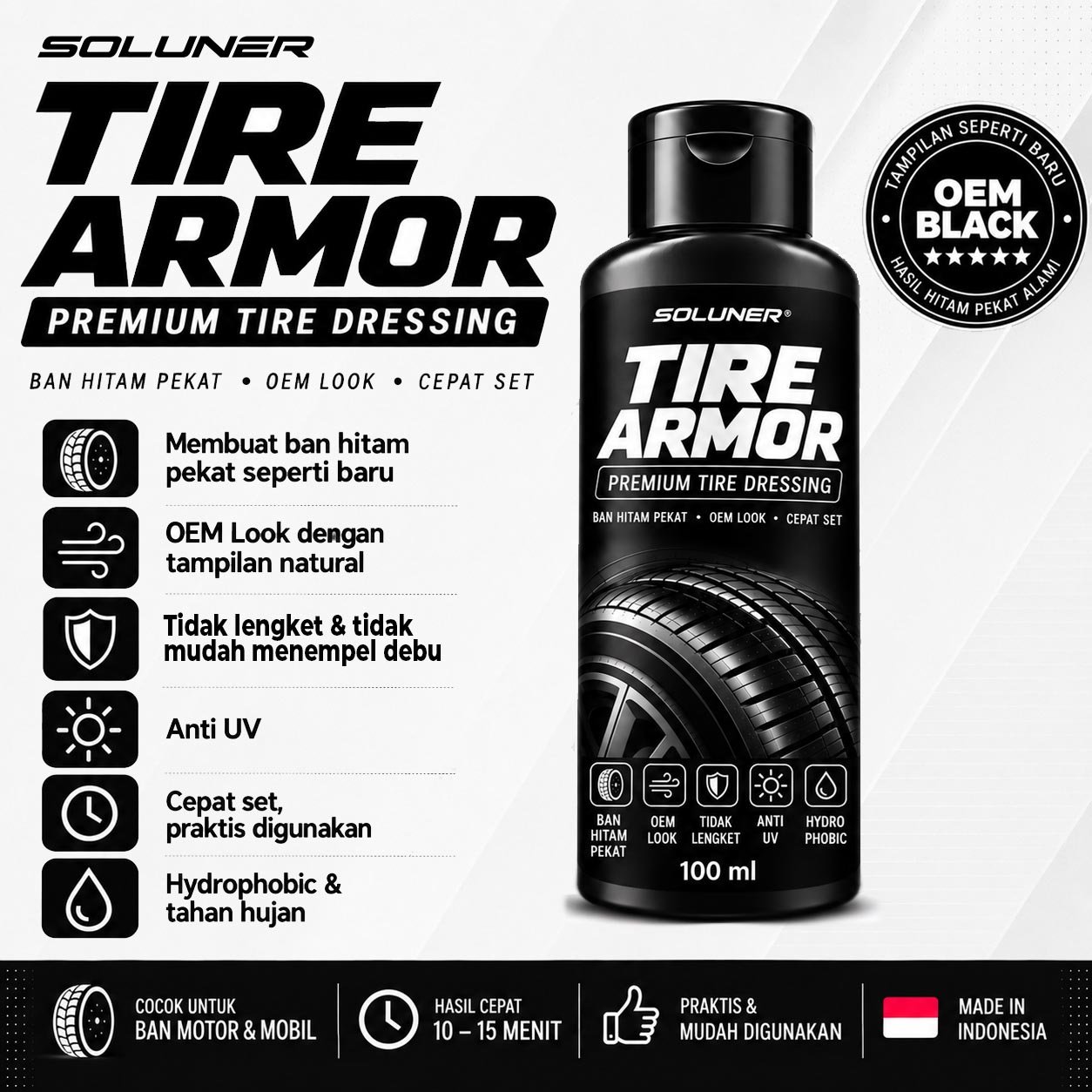 SOLUNER Tire Armor Semir Ban Untuk Semua Ban Motor Mobil Pengkilap Black Kinclong Hydrophobic Tahan Lama Busa Poles Bulat Anti Lengket