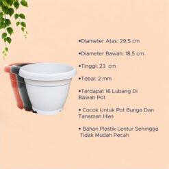 POT VINCA 30 Tumbuhan Kuping Hias Bunga Batu Plastik Tebal dll Putih HItam Merah Bata Diameter atas 29,5 Cm - Gambar 4