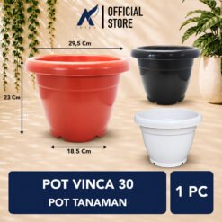 POT VINCA 30 Tumbuhan Kuping Hias Bunga Batu Plastik Tebal dll Putih HItam Merah Bata Diameter atas 29,5 Cm
