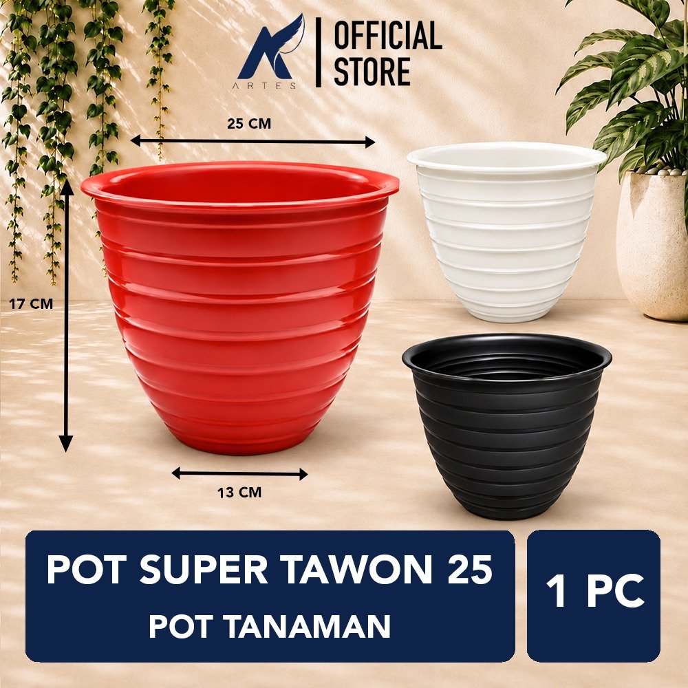 POT SUPER TAWON 25 Tumbuhan Madu Hias Bunga Batu Plastik Tebal dll Hitam Putih Merah Bata Diameter atas 25 Cm